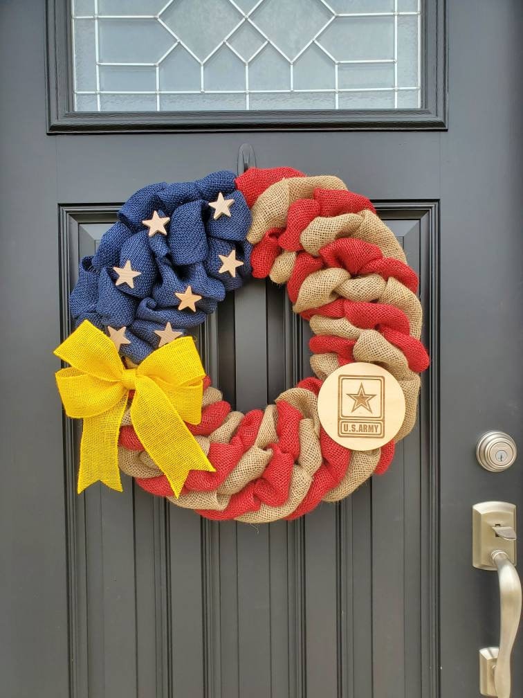 U.S. Army Wreath, Deployment wreath, Support our troops, Patriotic, burlap, yellow awareness ribbon for troops, deployment gifts