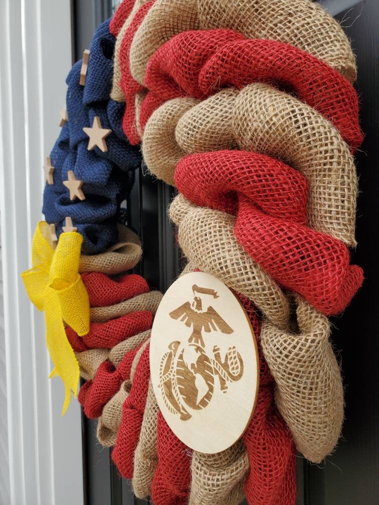 Marine Corps Wreath, Deployment wreath, Support our troops, Patriotic, burlap, yellow awareness ribbon for troops, deployment gifts