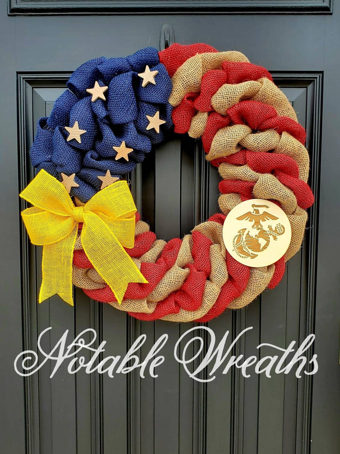 Marine Corps Wreath, Deployment wreath, Support our troops, Patriotic, burlap, yellow awareness ribbon for troops, deployment gifts