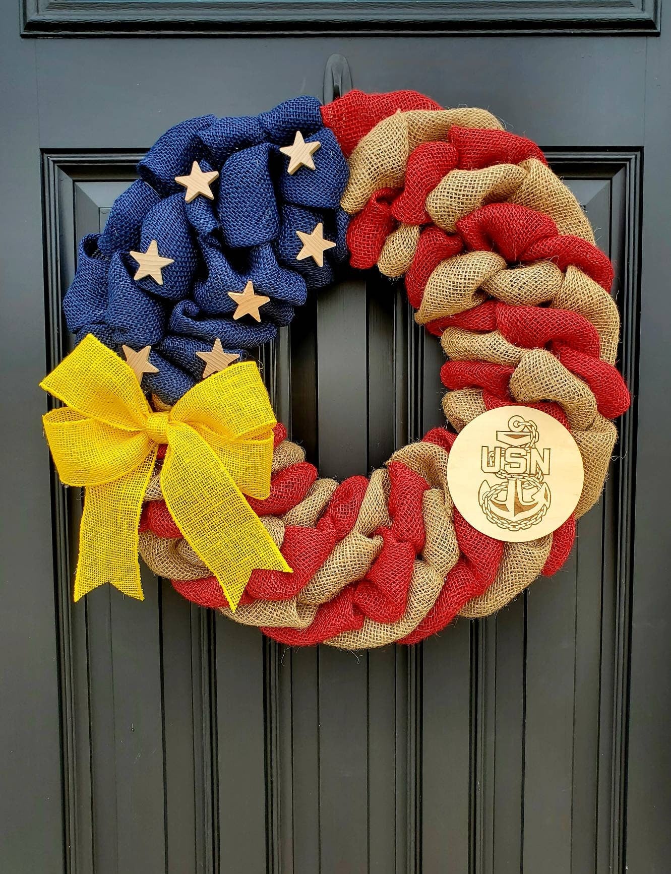 U.S. Navy Wreath, Deployment wreath, Support our troops, Patriotic, burlap, yellow awareness ribbon for troops, deployment gifts