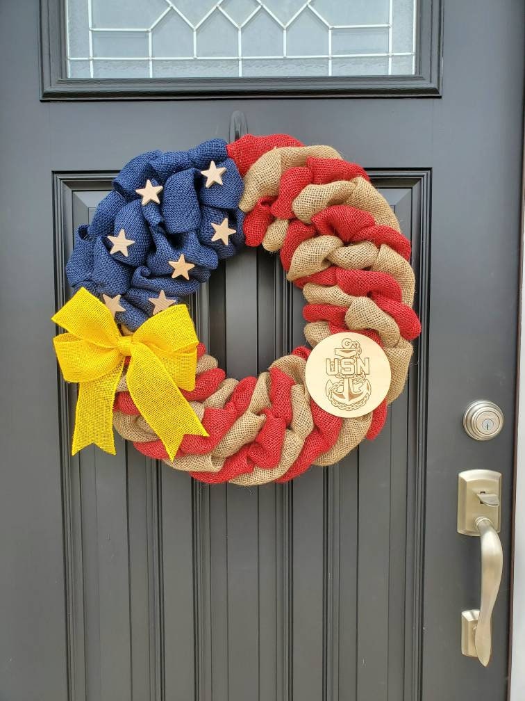 U.S. Navy Wreath, Deployment wreath, Support our troops, Patriotic, burlap, yellow awareness ribbon for troops, deployment gifts