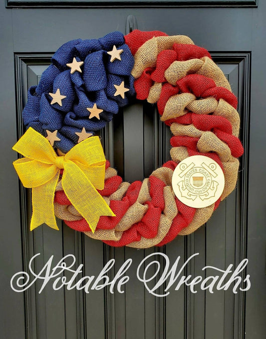 U.S. Coast Guard Wreath, Deployment wreath, Support our troops, Patriotic, burlap, yellow awareness ribbon for troops, deployment gifts