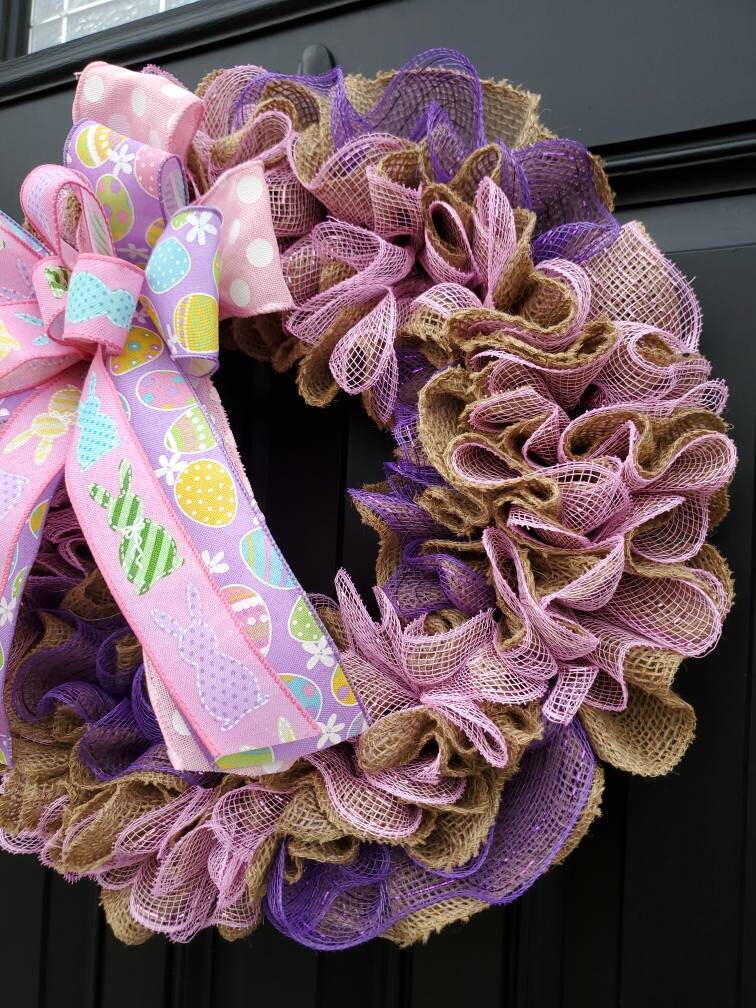 Easter egg wreath for front door, bunny burlap wreath, purple deco mesh easter wreath, pink wreath, spring burlap wreath