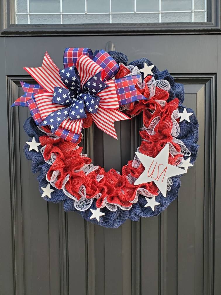 Patriotic American flag wreath, Rae Dunn inspired, Fourth of July wreath for front door, Patriotic wreath, Americana wreath, American flag