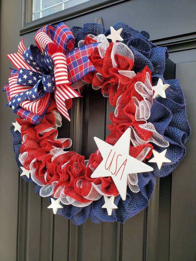 Patriotic American flag wreath, Rae Dunn inspired, Fourth of July wreath for front door, Patriotic wreath, Americana wreath, American flag