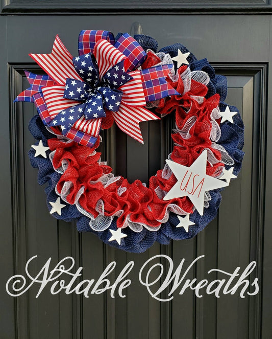 Patriotic American flag wreath, Rae Dunn inspired, Fourth of July wreath for front door, Patriotic wreath, Americana wreath, American flag