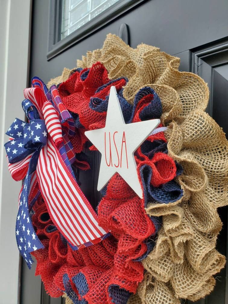 Patriotic wreath for front door, Rae Dunn inspired, Fourth of July wreath for front door, Patriotic wreath, Americana wreath