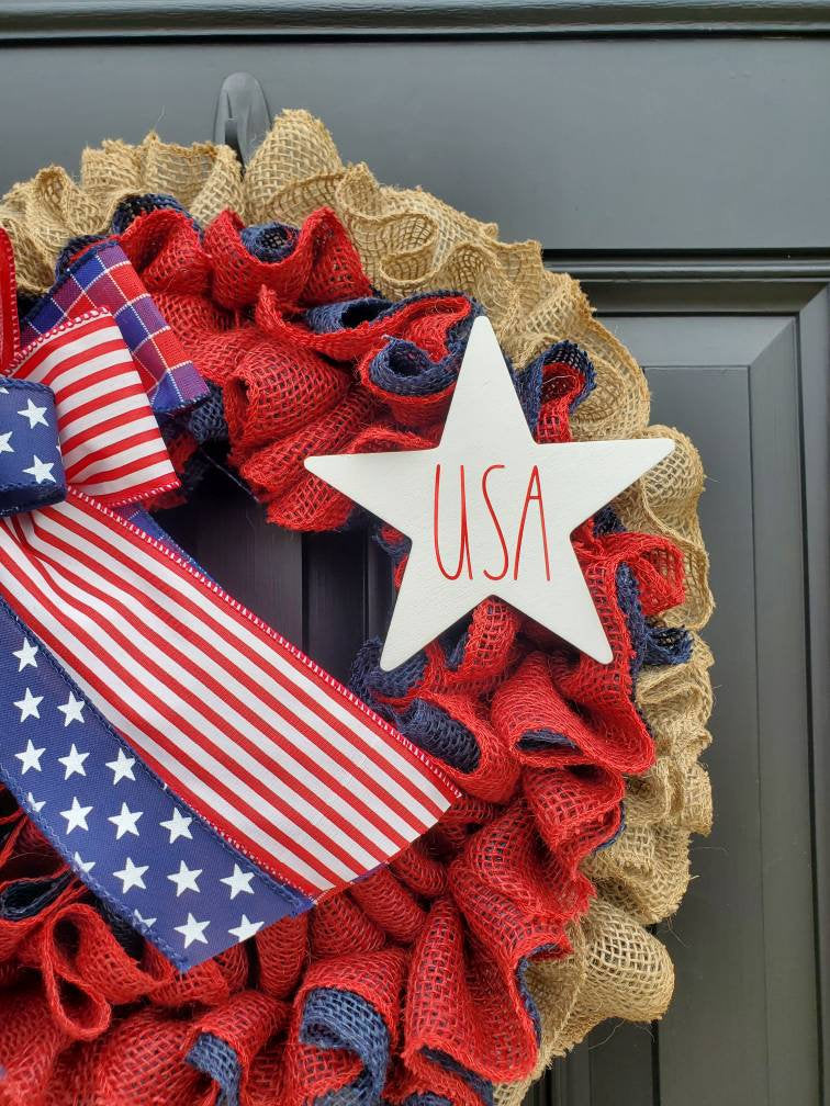 Patriotic wreath for front door, Rae Dunn inspired, Fourth of July wreath for front door, Patriotic wreath, Americana wreath