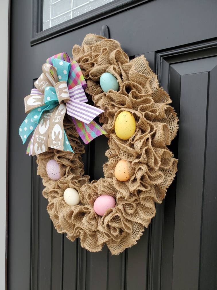 Easter burlap wreath for front door, Easter egg wreath, colorful spring wreath, Happy Easter wreath, bunny wreath