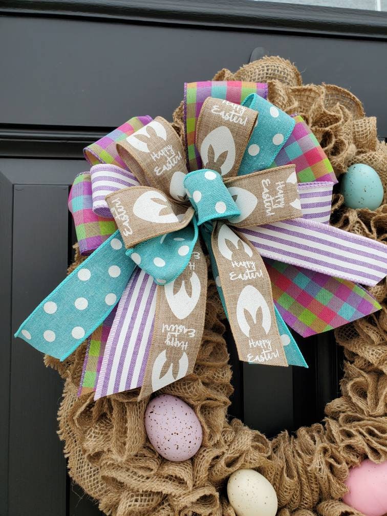 Easter burlap wreath for front door, Easter egg wreath, colorful spring wreath, Happy Easter wreath, bunny wreath