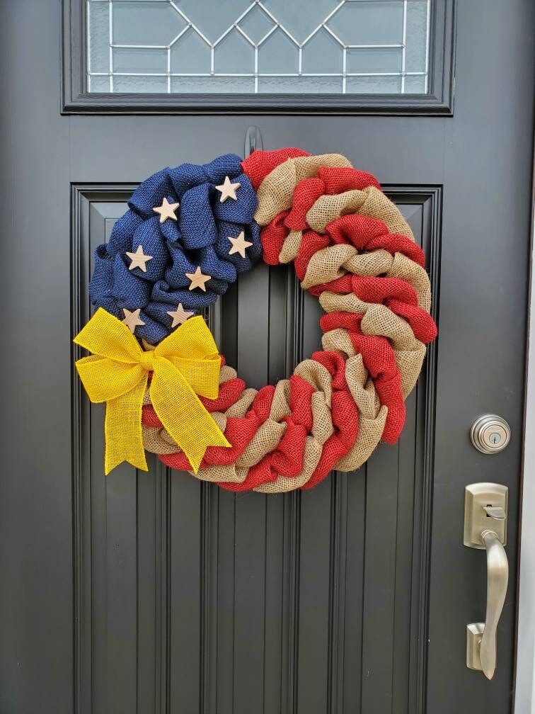 Military Wreath, Deployment wreath, Support our troops, Patriotic, burlap, yellow awareness ribbon for troops, deployment gifts