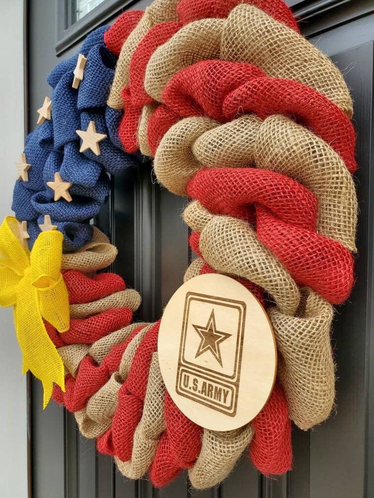 U.S. Army Wreath, Deployment wreath, Support our troops, Patriotic, burlap, yellow awareness ribbon for troops, deployment gifts