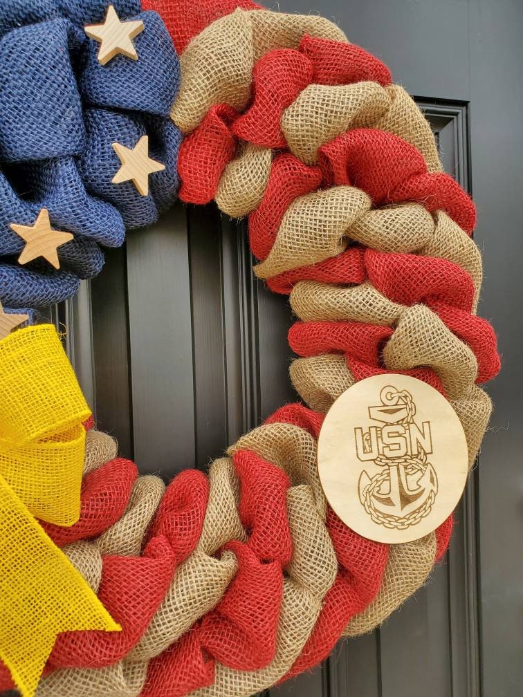 U.S. Navy Wreath, Deployment wreath, Support our troops, Patriotic, burlap, yellow awareness ribbon for troops, deployment gifts