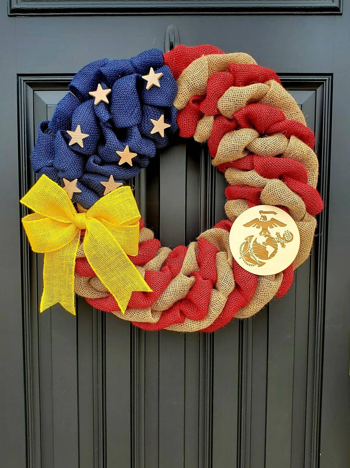 Marine Corps Wreath, Deployment wreath, Support our troops, Patriotic, burlap, yellow awareness ribbon for troops, deployment gifts