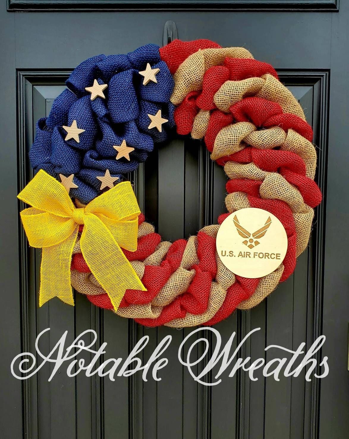 U.S. Air Force Wreath, Deployment wreath, Support our troops, Patriotic, burlap, yellow awareness ribbon for troops, deployment gifts