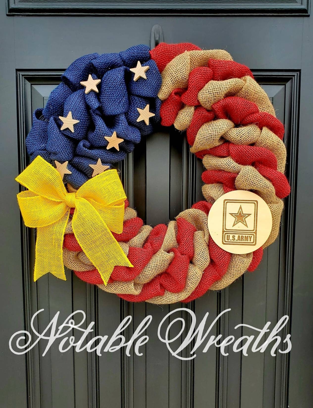 U.S. Army Wreath, Deployment wreath, Support our troops, Patriotic, burlap, yellow awareness ribbon for troops, deployment gifts