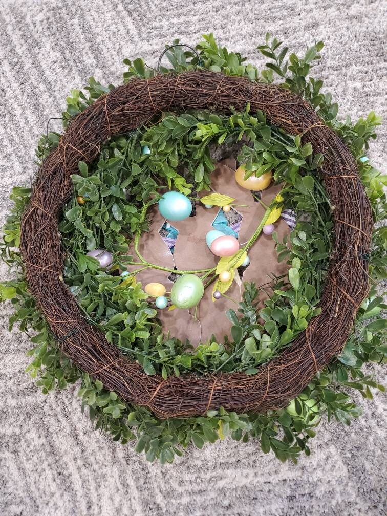 Easter Bunny berry Wreath, Spring boxwood Welcome Wreath for Front Door, Farmhouse Rabbit Porch Decor, faux boxwood wreath