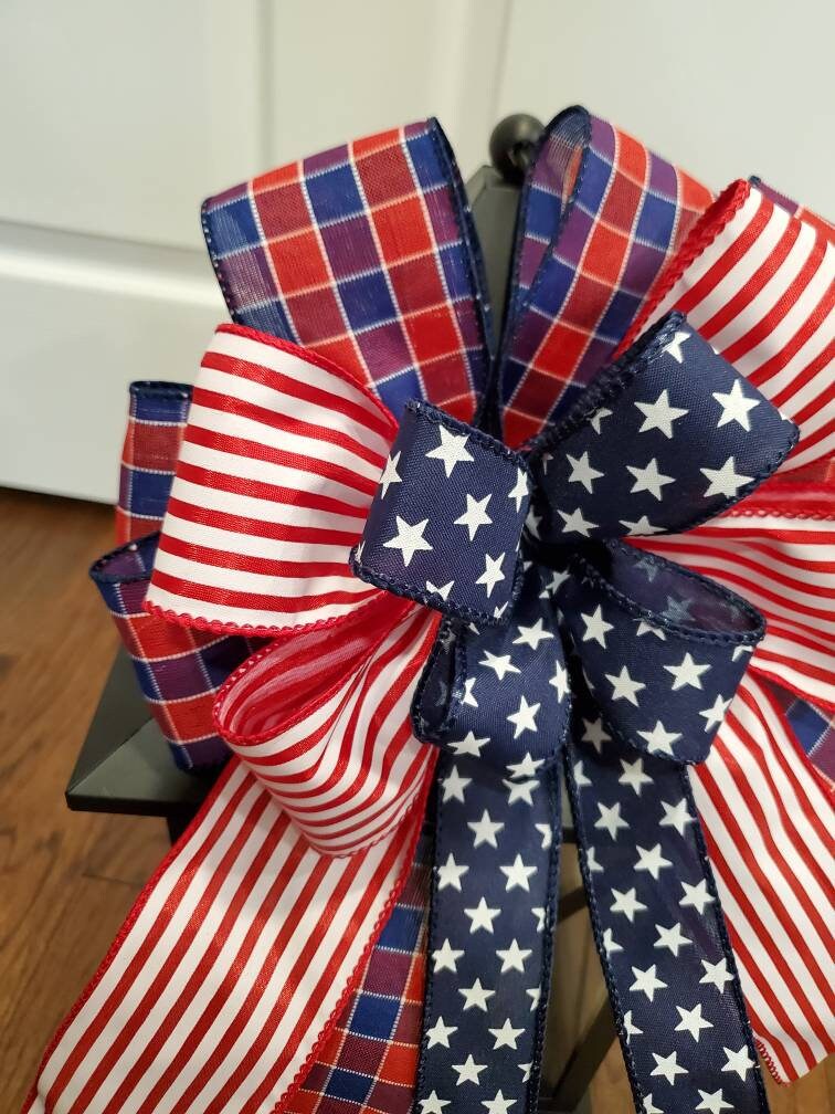 Patriotic bow, mailbox bow, fence post bow, lantern bow, star bow, red white, fourth of July bow