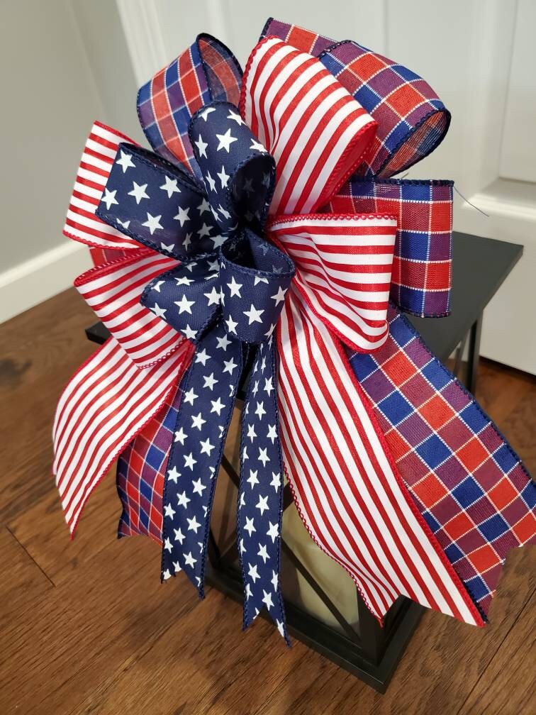 Patriotic bow, mailbox bow, fence post bow, lantern bow, star bow, red white, fourth of July bow