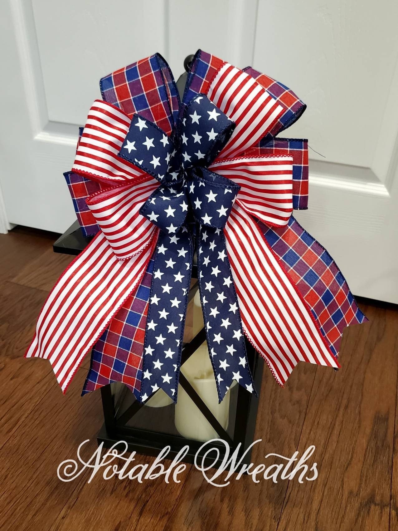 Patriotic bow, mailbox bow, fence post bow, lantern bow, star bow, red white, fourth of July bow