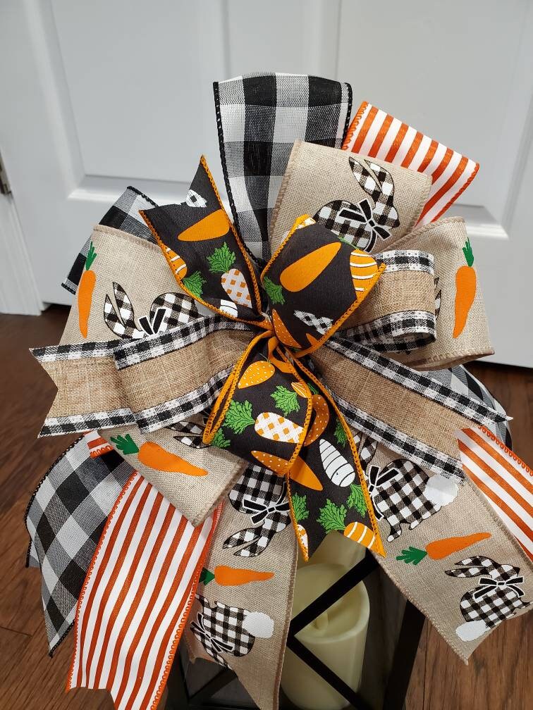 Easter bow for lantern or wreath, buffalo check bunny bow, carrot bow, orange bow for Easter decorating