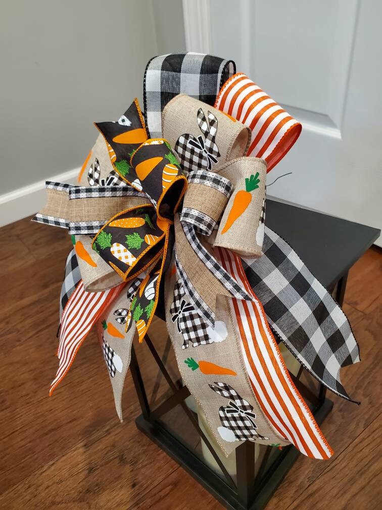 Easter bow for lantern or wreath, buffalo check bunny bow, carrot bow, orange bow for Easter decorating