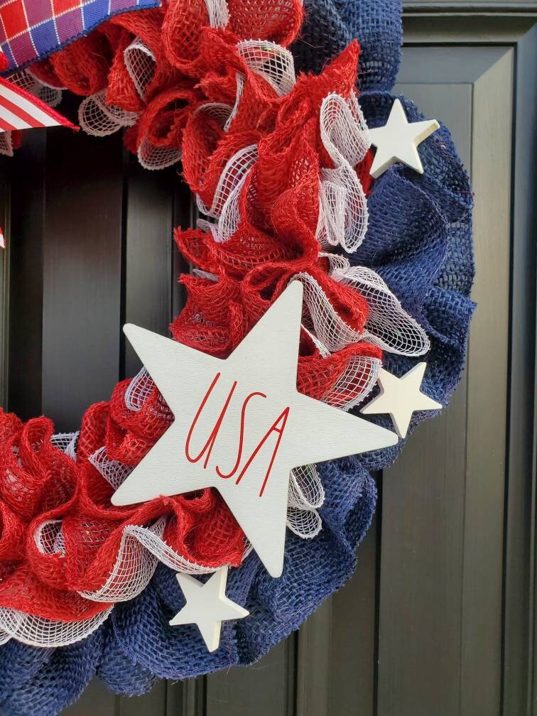 Patriotic American flag wreath, Rae Dunn inspired, Fourth of July wreath for front door, Patriotic wreath, Americana wreath, American flag