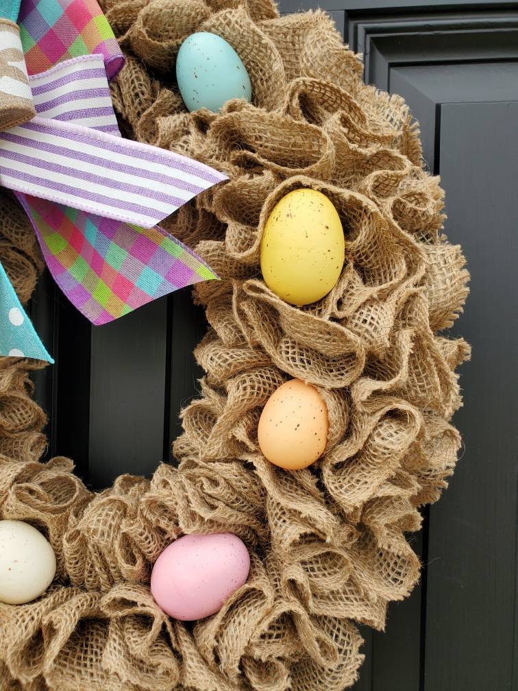 Easter burlap wreath for front door, Easter egg wreath, colorful spring wreath, Happy Easter wreath, bunny wreath