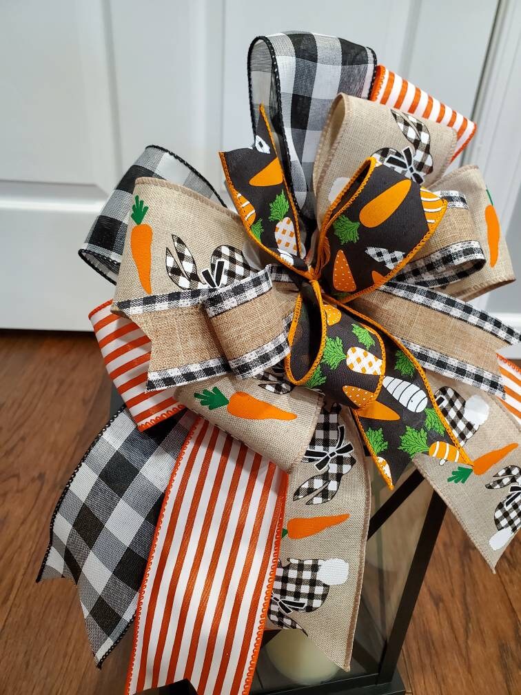 Easter bow for lantern or wreath, buffalo check bunny bow, carrot bow, orange bow for Easter decorating