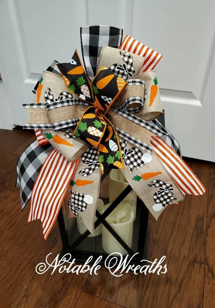 Easter bow for lantern or wreath, buffalo check bunny bow, carrot bow, orange bow for Easter decorating