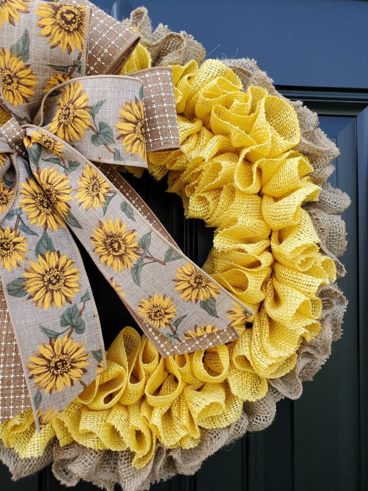 Yellow Sunflower burlap wreath for front door, Summer burlap wreath, yellow burlap wreath, all seasons wreath, housewarming gift