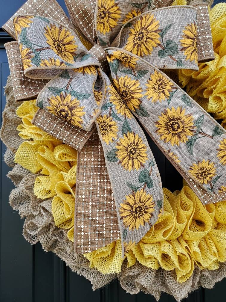 Yellow Sunflower burlap wreath for front door, Summer burlap wreath, yellow burlap wreath, all seasons wreath, housewarming gift