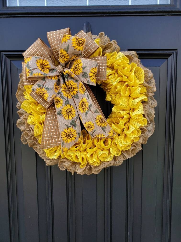 Yellow Sunflower burlap wreath for front door, Summer burlap wreath, yellow burlap wreath, all seasons wreath, housewarming gift