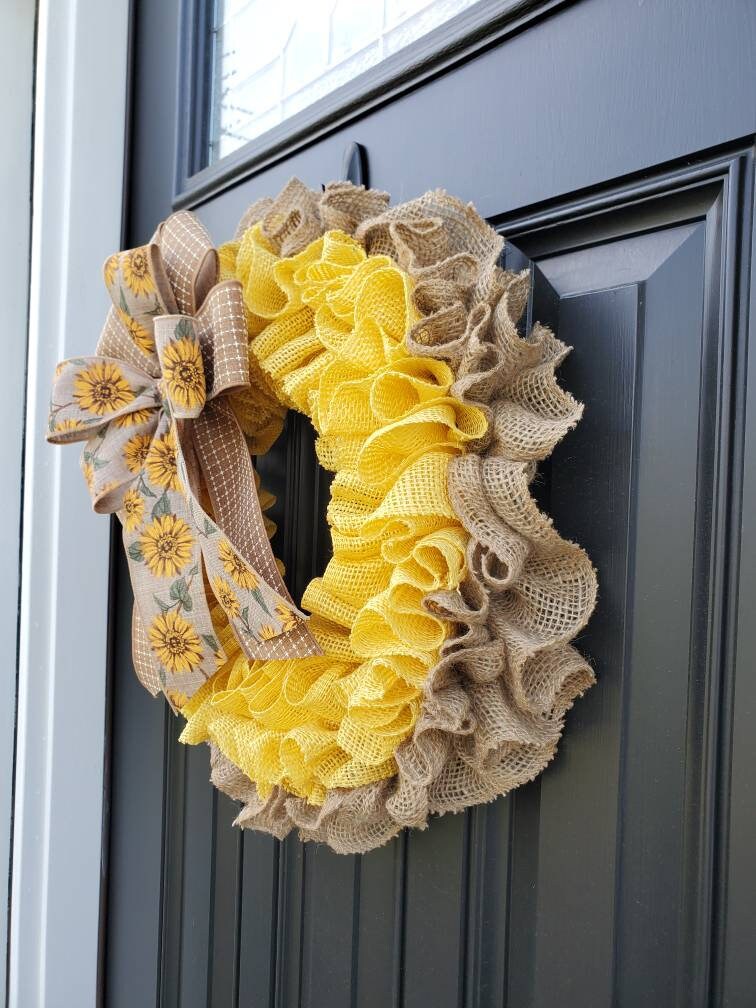 Yellow Sunflower burlap wreath for front door, Summer burlap wreath, yellow burlap wreath, all seasons wreath, housewarming gift