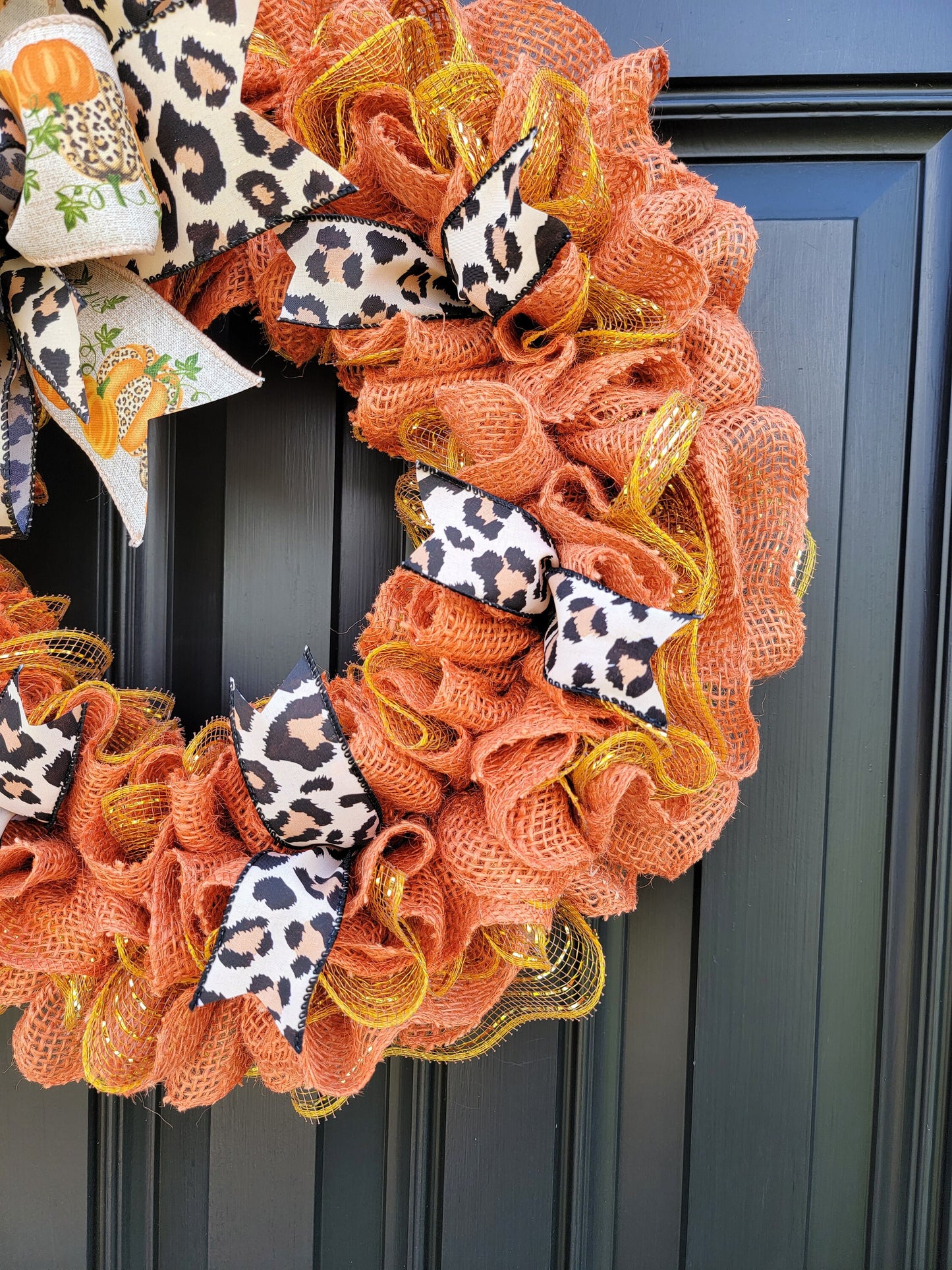 Fall Cheetah print pumpkin wreath, orange Fall wreath, animal print Autumn wreath, gold wreath