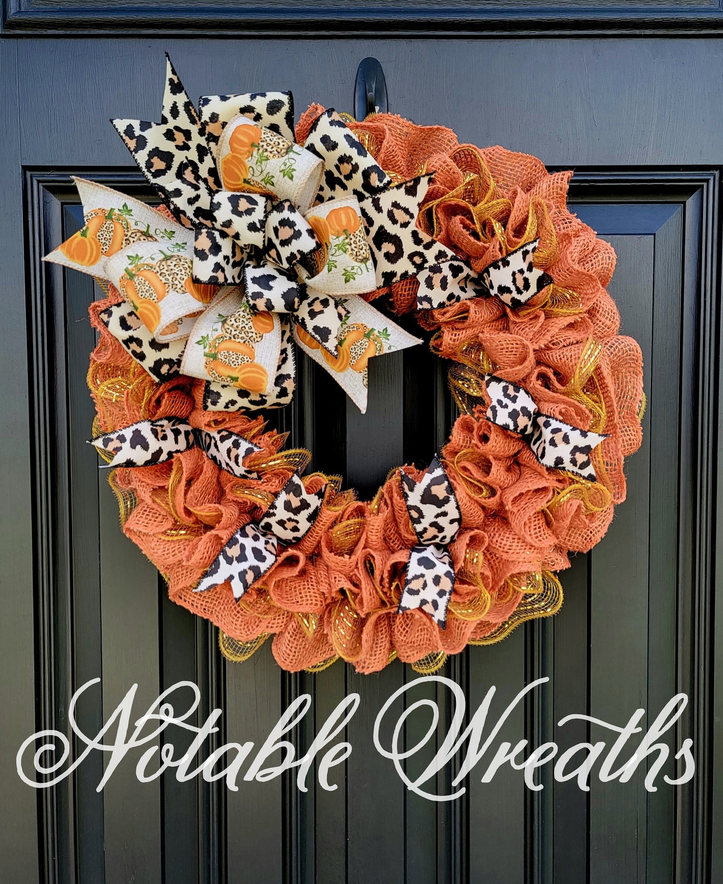 Fall Cheetah print pumpkin wreath, orange Fall wreath, animal print Autumn wreath, gold wreath