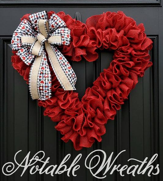 Red heart wreath for Valentine's day wreath for front door, ruffle burlap wreath, heart wreath, crimson red burlap wreath, ruffle wreath