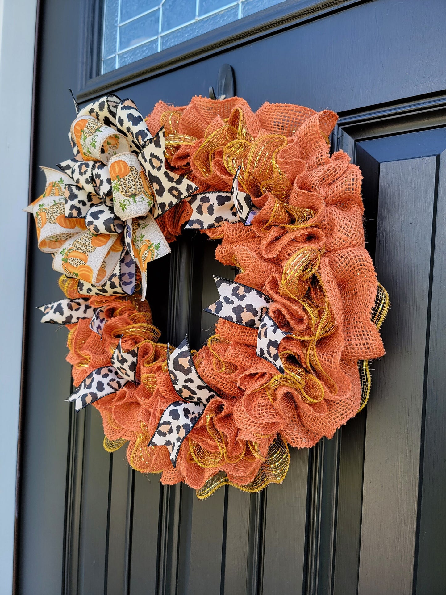 Fall Cheetah print pumpkin wreath, orange Fall wreath, animal print Autumn wreath, gold wreath