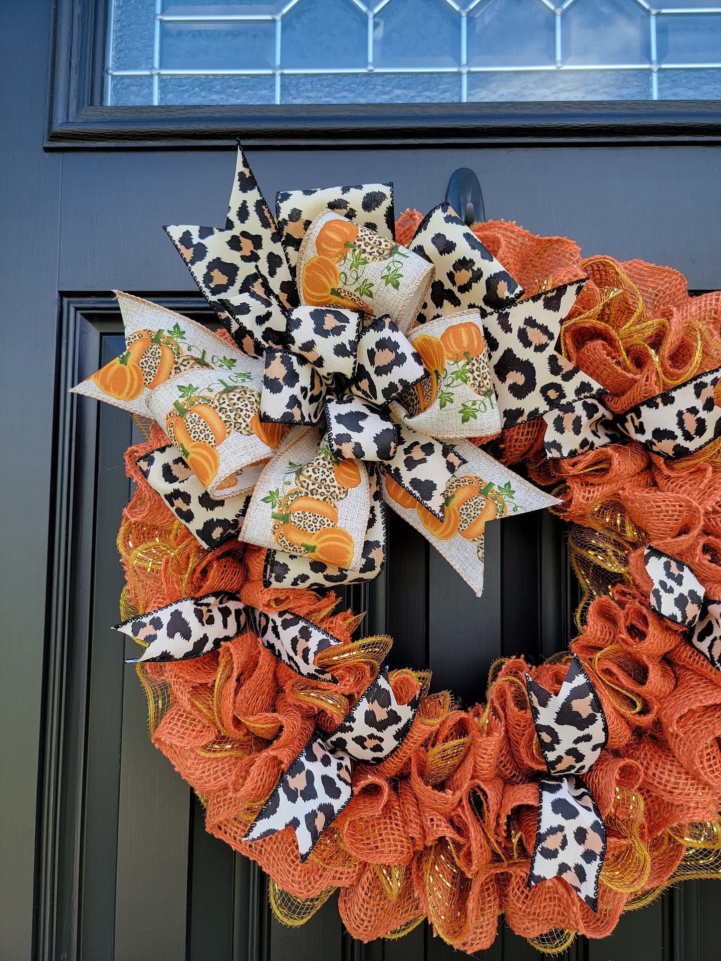 Fall Cheetah print pumpkin wreath, orange Fall wreath, animal print Autumn wreath, gold wreath