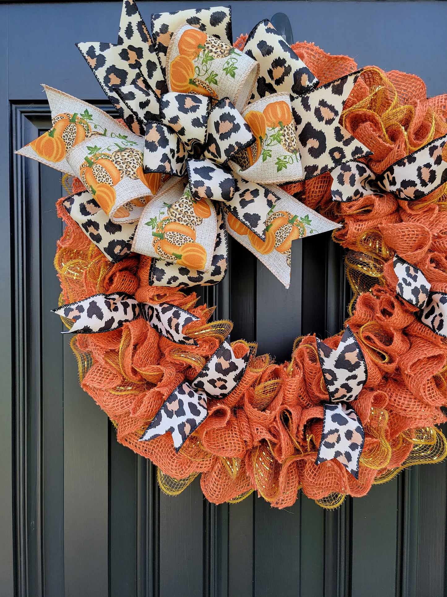 Fall Cheetah print pumpkin wreath, orange Fall wreath, animal print Autumn wreath, gold wreath