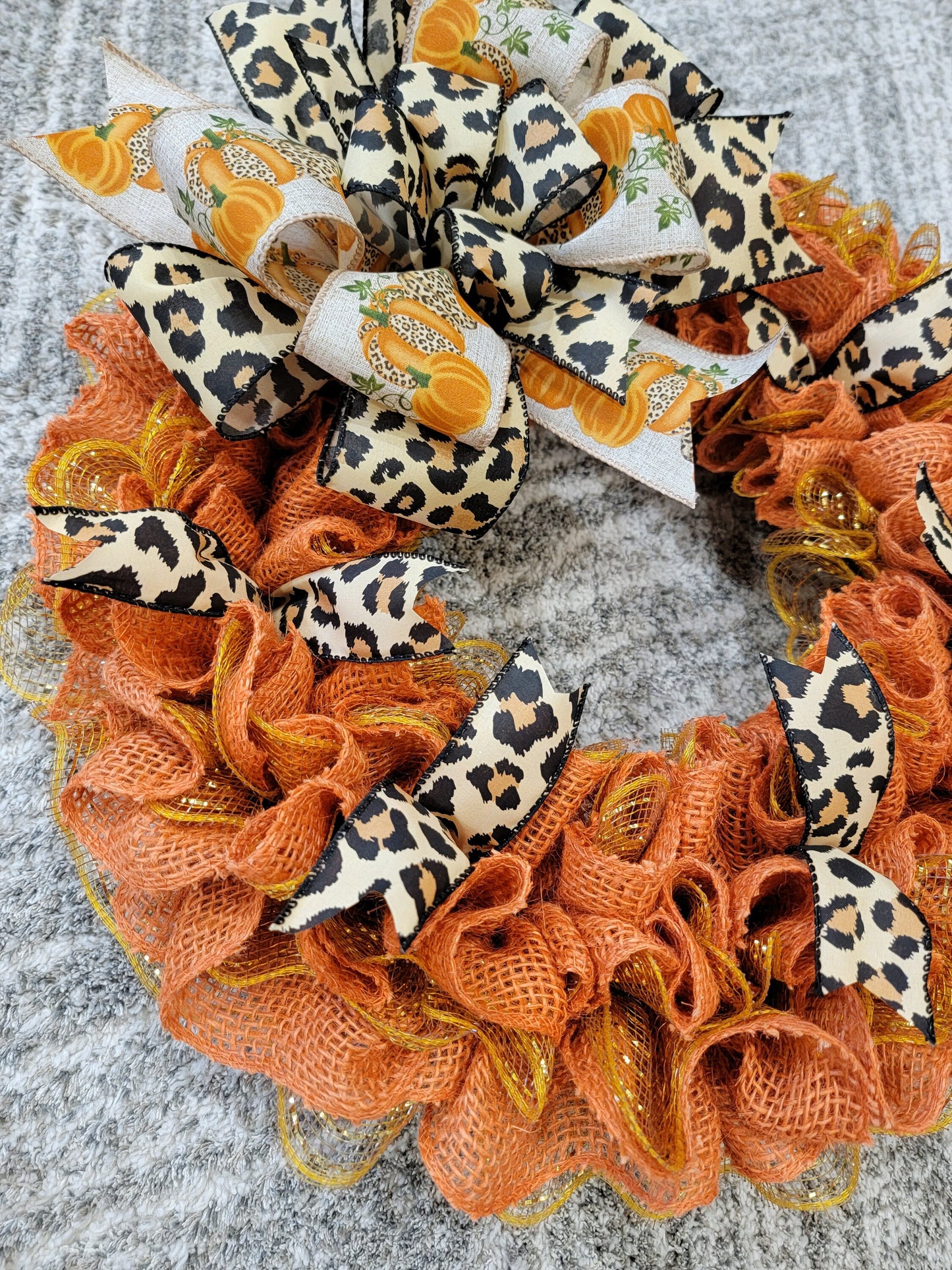 Fall Cheetah print pumpkin wreath, orange Fall wreath, animal print Autumn wreath, gold wreath