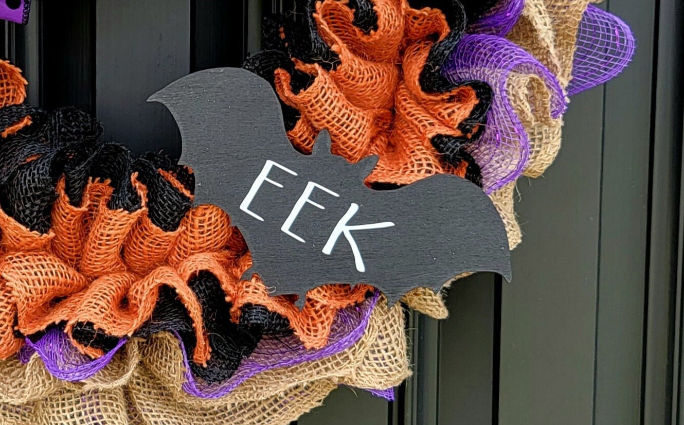 Rustic Halloween bat wreath for front door, Rae Dunn inspired EEK wreath, Halloween bat decor, EEK decor, purple wreath