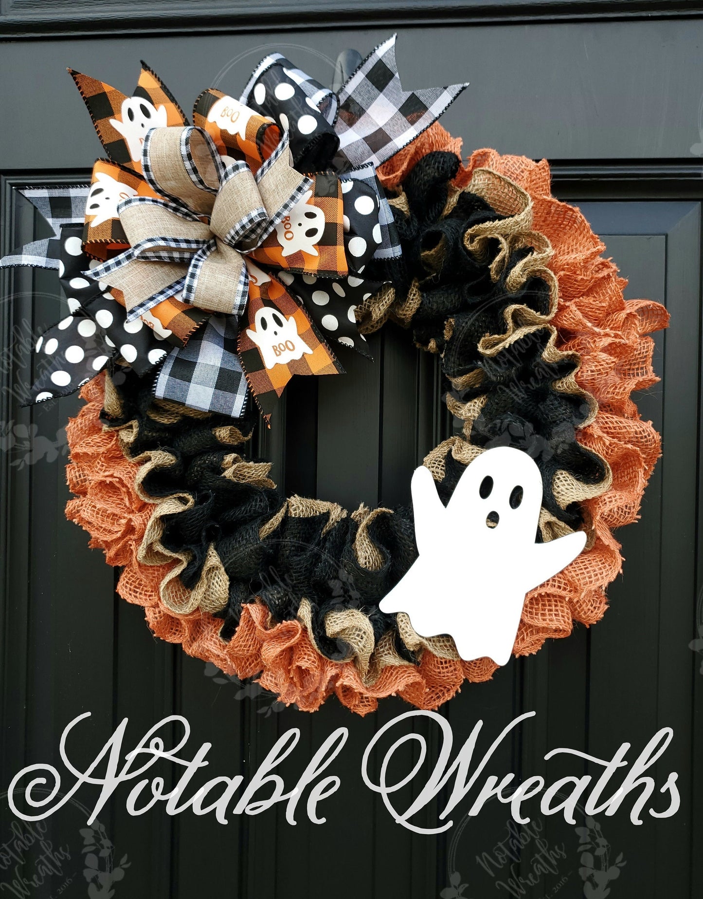 Rustic Halloween ghost wreath for front door, Boo wreath, buffalo check Halloween wreath, ghost wreath