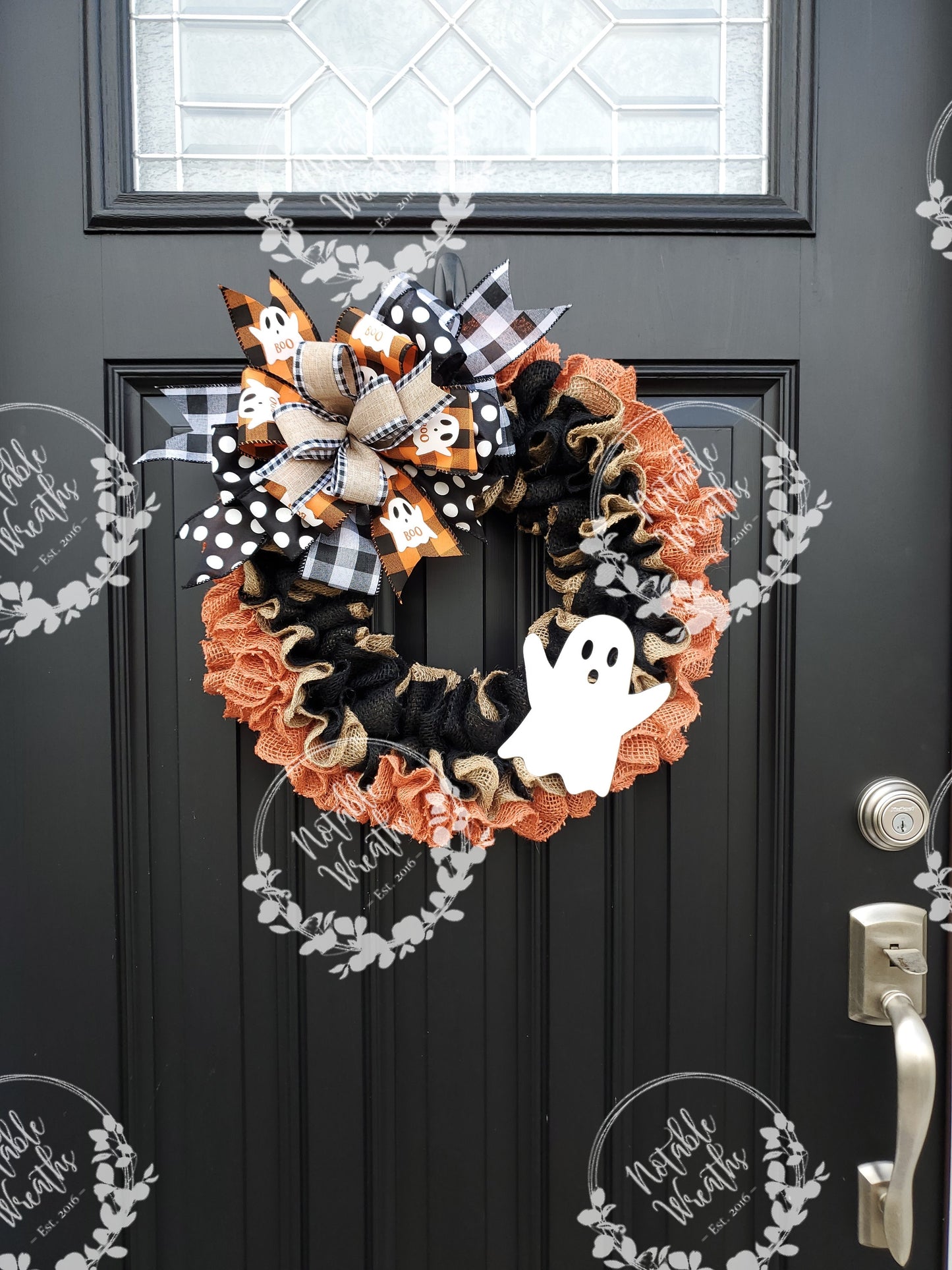 Rustic Halloween ghost wreath for front door, Boo wreath, buffalo check Halloween wreath, ghost wreath