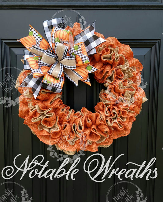 Fall wreath for front door, autumn wreath, buffalo check wreath for fall, pumpkin wreath for fall, burnt orange burlap wreath