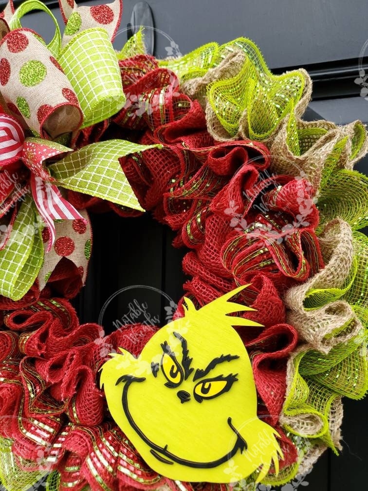 Grinch Christmas wreath, Grinch decor, Grinch Christmas decor, red and green grinch wreath