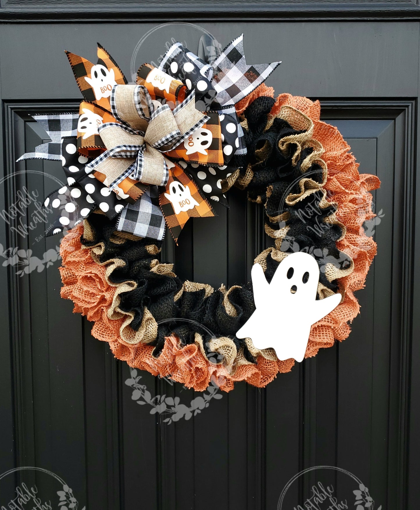 Rustic Halloween ghost wreath for front door, Boo wreath, buffalo check Halloween wreath, ghost wreath