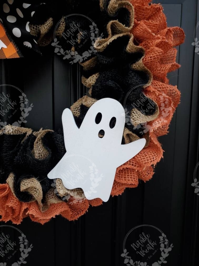 Rustic Halloween ghost wreath for front door, Boo wreath, buffalo check Halloween wreath, ghost wreath