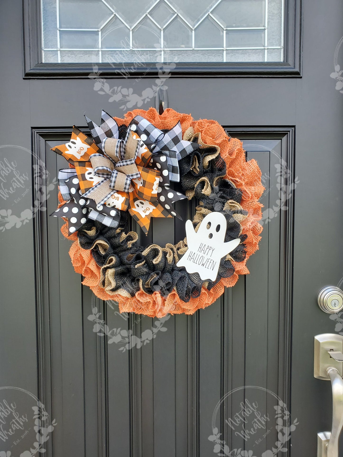 Rustic Halloween wreath for front door, Boo wreath, buffalo check Halloween wreath, ghost wreath