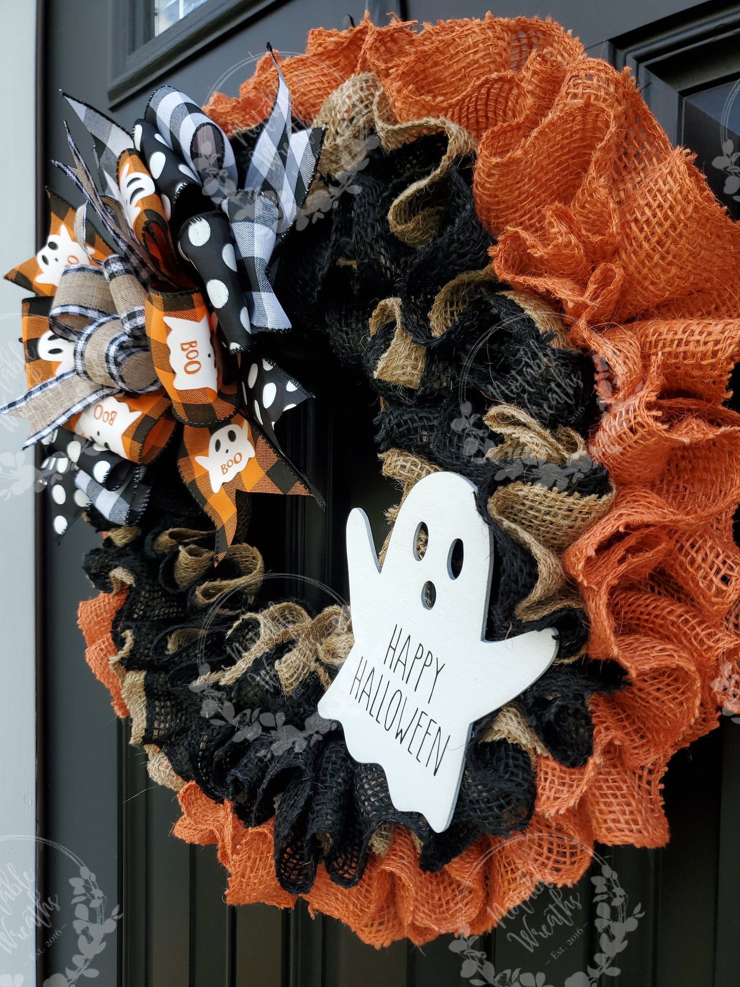 Rustic Halloween wreath for front door, Boo wreath, buffalo check Halloween wreath, ghost wreath